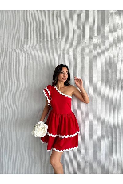 Cistern İstanbul Women's Red One Shoulder Piping Detailed Summer Short Dress