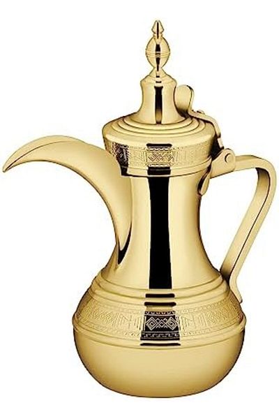 ALSAIF Dallah from Saif, 40 oz., ideal for preparing and serving Arabic coffee. Gold color.