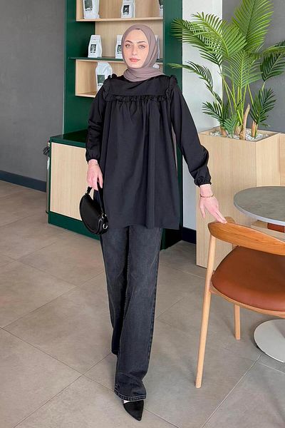 lamelif Black Crew Neck Shoulder Ruffle Tunic