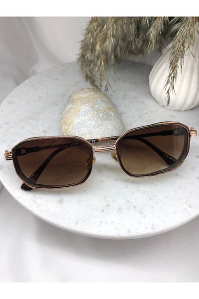 Mazzy Rectangular Gold Detailed Brown Sunglasses