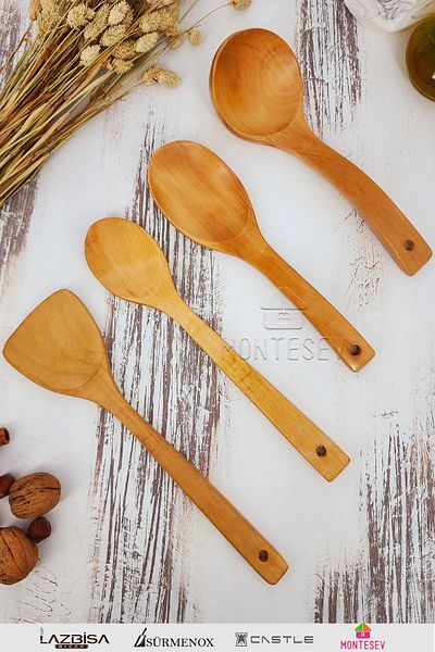 MONTESEV Wooden Wooden Kitchen Spoon Set 4 Pieces Beech, Boxwood and Bamboo Wood Spoons