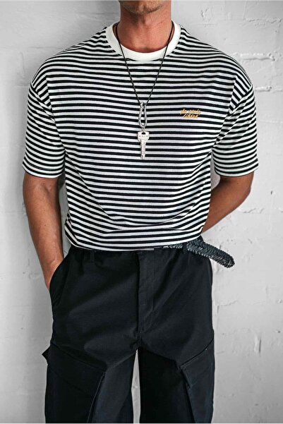 ablukaonline Ανδρικό μπλουζάκι Oversize ριγέ μαύρο - άνετο στυλ