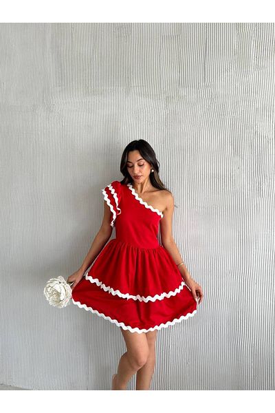 Cistern İstanbul Women's Red One Shoulder Piping Detailed Summer Short Dress