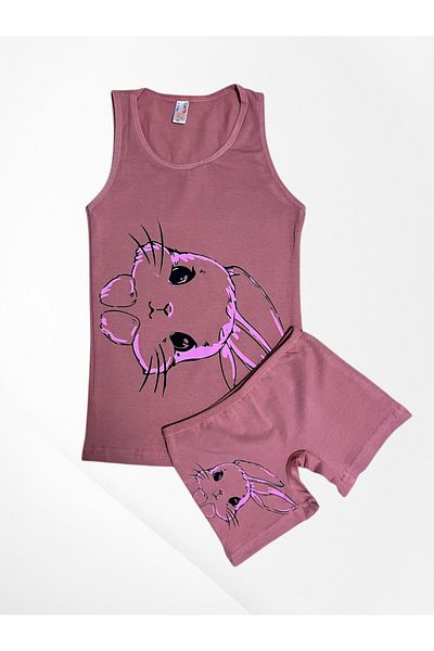 elmas kids Girl's 100% Cotton Plum Color Rabbit Patterned Strappy Tank Top Boxer Set