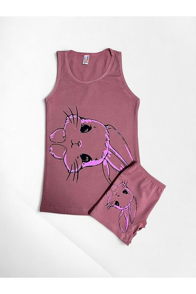 elmas kids Girl's 100% Cotton Plum Color Rabbit Patterned Strappy Tank Top Boxer Set