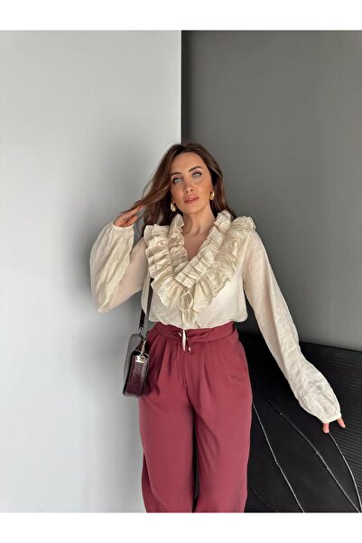 Zerrincan Giyim Krem Yakası Fırfırlı İpli Bluz
