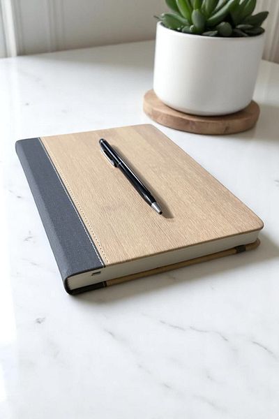 Nesnel Gift Дневник от термо кожа и бамбук - метален черен сензорен химикал, подарък