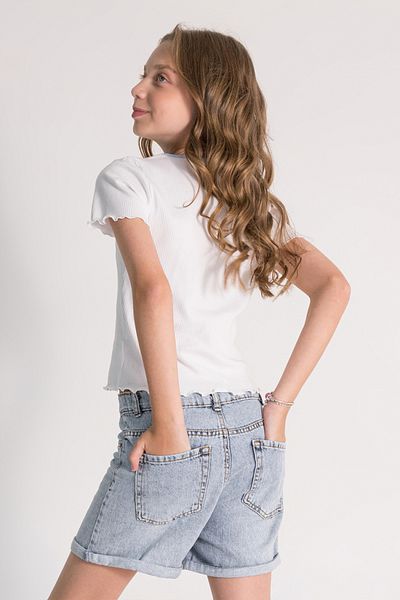 DMB BOYS & GIRLS Blugi scurti din denim din bumbac cu talie înaltă, cu buzunare pentru picioare, pantaloni scurți pentru fete