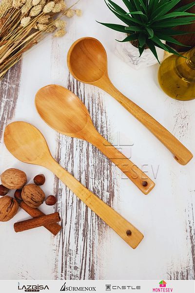 MONTESEV Wooden Wooden Kitchen Spoon Set 3 Pieces Beech, Boxwood and Bamboo Wood Spoons