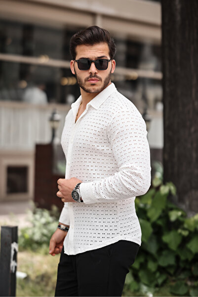 ZİNOX Men's Long Sleeve Perforated Pattern Knitted Fabric Regular Pattern New Season Shirt