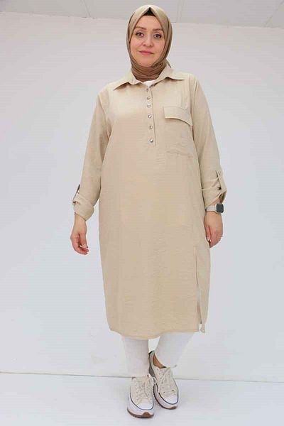 Eslina Large Size Linen Tunic - Beige, Half Placket Buttoned