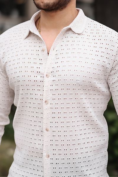 ZİNOX Men's Long Sleeve Perforated Pattern Knitted Fabric Regular Pattern New Season Shirt