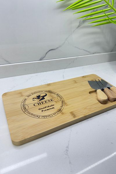 Albergio Bamboo Cheese Presentation Board - Stand and 3 Piece Knife Set 36X18 cm