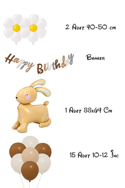 Patladı Gitti Retro Birthday Set with Daisy and Oversized 3D Caramel Rabbit Design