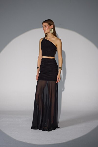 NOK İSTANBUL Luxe Touch Şifon Detaylı Maxi Boy Etek Siyah