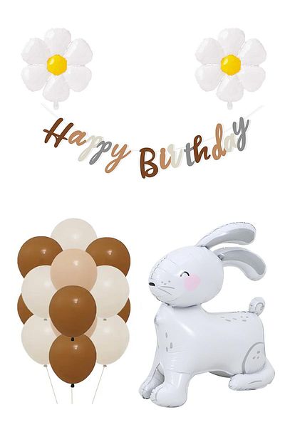 Patladı Gitti Daisy and Oversized 3D Gray Rabbit Design Retro Birthday Set