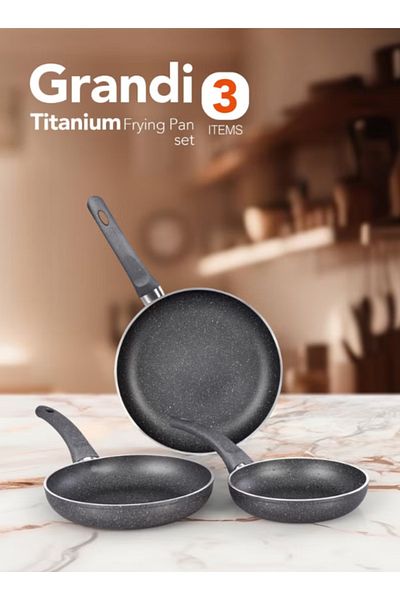 GRANDİ 3-Piece Non-Stick Titanium High thickness Frying Pan Set Grey 26-22-18cm