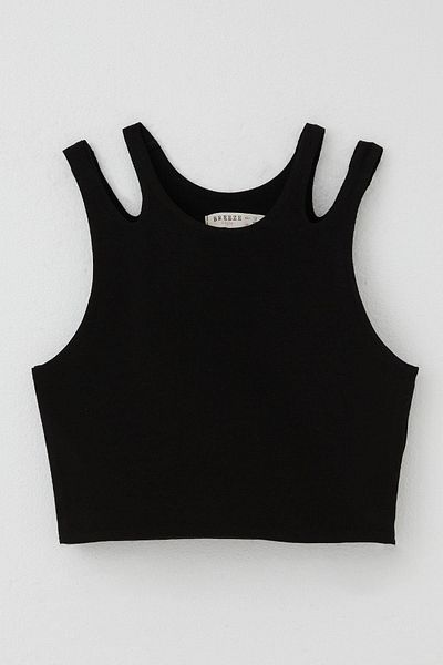 Breeze Tricou crop negru pentru fetiță de 9-16 ani - curea dublă și detaliu pe umeri