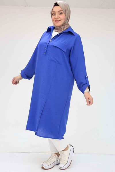 Eslina 58055 Large Size Half Placket Buttoned Linen Tunic - Saks