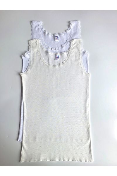 Çebi Çamaşırları 100% Cotton Women's Undershirt 2, Ecru and White with Thick Straps