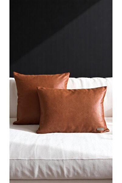Doryan Home Solid Kiremit Basic Suni Nubuk Deri 2'li Set Dekoratif Kırlent Kılıfı - Kiremit Renk 45x45 - 50x35