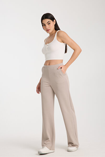 MRS.MODA Kadın Taş Renkli Pamuklu Cepli Geniş Paça Eşofman Altı