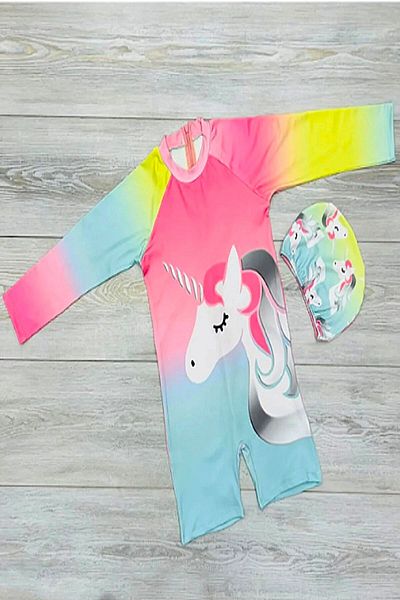 DeKuBaby Quick Dry Shorts with Back Zipper Unicorn Pattern Printed Bonnet Girls' Swimsuit Set