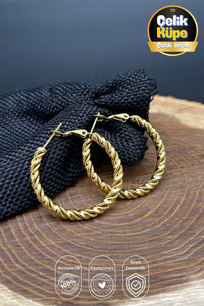 Balzamin Design Gold Color Twist Model Hoop Steel Earrings, Antiallergic, Stainless Steel Hoop Earrings