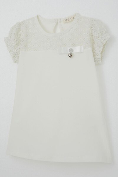 Breeze T-shirt για κορίτσια 5-10 ετών - Δαντέλα και ελαστικά μανίκια, φιόγκο, εκρού