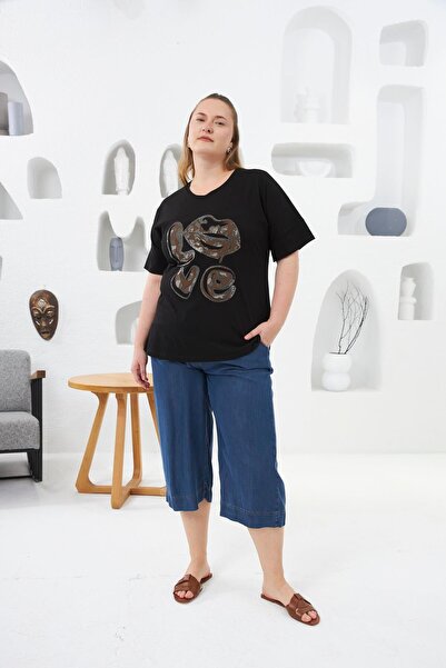 RMG Love Stone Printed Large Size T-Shirt Black