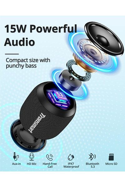 Tronsmart T7 Mini Compact Portable Bluetooth Speaker With Lights, Stereo Sound, Bluetooth 5.3- Black