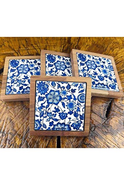 Çini Evi Flower Motif Wooden Coaster Set