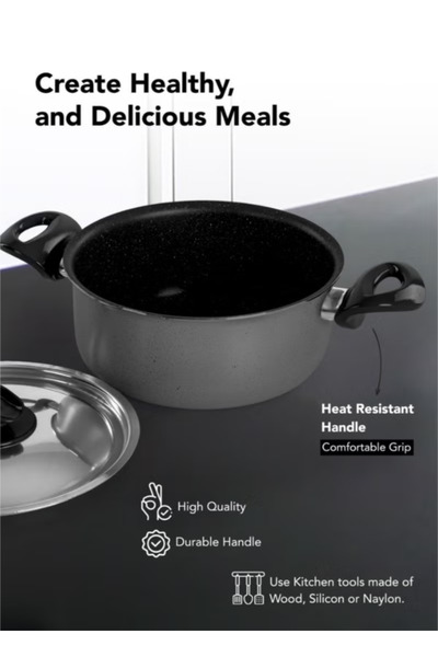 GRANDİ 8-Piece Non-Stick Cookware Set Aluminum Pots And Pans Stainless Steel Lids grey 22-26+26+18cm