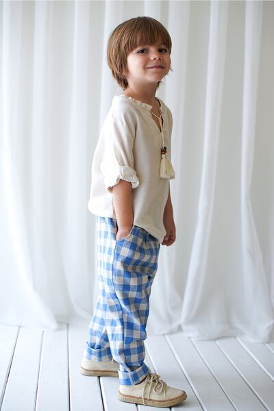 Catz Kids Carrot Trousers Blue Cream Plaid Linen + Cream Linen Stringed Shirt