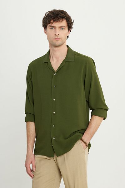 AC&Co / Altınyıldız Classics Ανδρικό πουκάμισο Χακί Comfort Fit Relaxed Cut Χαβάης γιακά ζακάρ