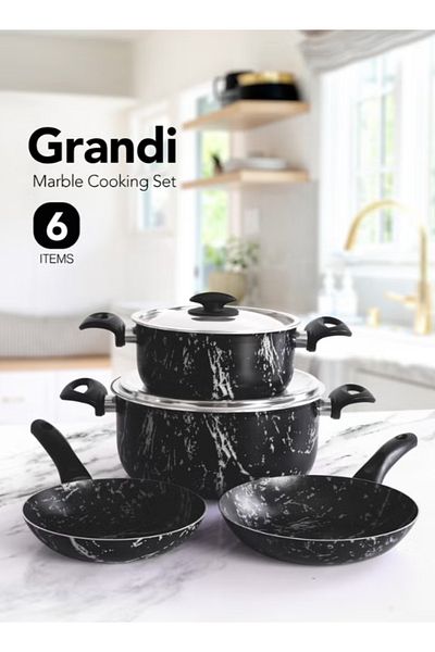 GRANDİ 6-Piece Cookware Set Aluminum Pots And Pans Stainless Steel Lids Black Marble 20-24-18-22cm