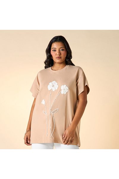 Ulla Popken Satin Tape Flower Embriodery Tee