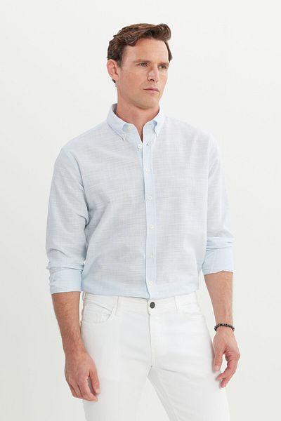 AC&Co / Altınyıldız Classics Ανδρικό γαλάζιο 100% βαμβακερό πουκάμισο με ριγέ γιακά με κουμπιά