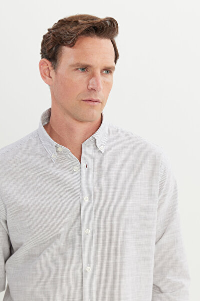 AC&Co / Altınyıldız Classics Men's Gray 100% Cotton Comfort Fit Relaxed Cut Button Collar Striped Shirt