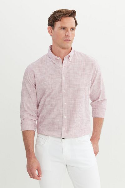 AC&Co / Altınyıldız Classics Ανδρικό μπορντό 100% βαμβακερό πουκάμισο με ριγέ γιακά με κουμπιά
