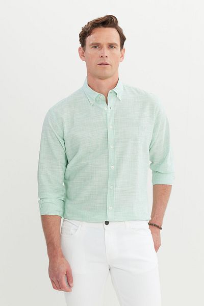 AC&Co / Altınyıldız Classics Ανδρικό πράσινο 100% βαμβακερό πουκάμισο με ριγέ γιακά με κουμπιά