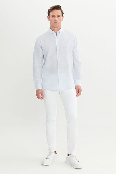 AC&Co / Altınyıldız Classics Ανδρικό γαλάζιο 100% βαμβακερό πουκάμισο με ριγέ γιακά με κουμπιά
