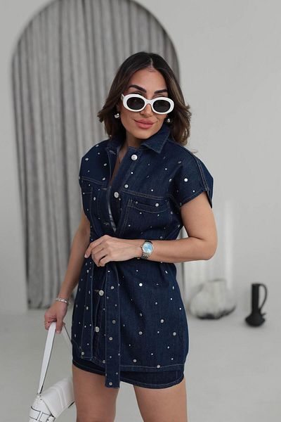QİMYA BUTİK Levure Women's Studded Detailed Belted Oversize Jeans Vest