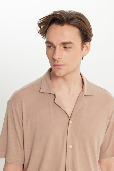 AC&Co / Altınyıldız Classics Men's Mink Comfort Fit Relaxed Cut Hawaiian Collar Jacquard Shirt