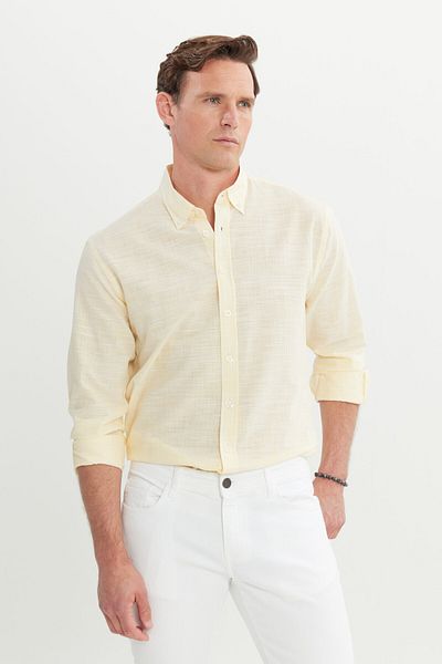 AC&Co / Altınyıldız Classics Ανδρικό κίτρινο 100% βαμβακερό πουκάμισο με ριγέ γιακά με κουμπιά