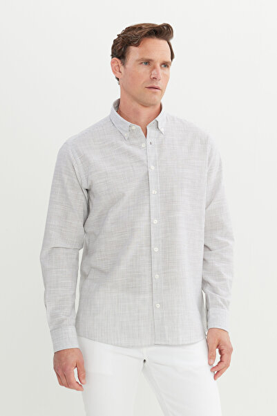 AC&Co / Altınyıldız Classics Men's Gray 100% Cotton Comfort Fit Relaxed Cut Button Collar Striped Shirt