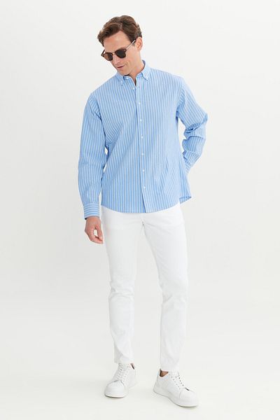 AC&Co / Altınyıldız Classics Cămașă cu dungi pentru bărbați, albastru, 100% bumbac, cu croială relaxată, cu guler cu nasturi