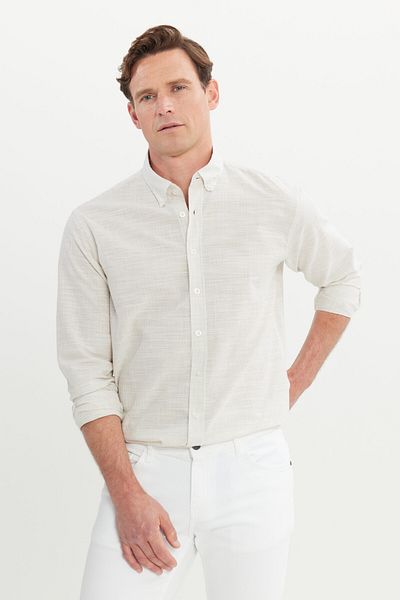 AC&Co / Altınyıldız Classics Ανδρικό μπεζ 100% βαμβακερό πουκάμισο με ριγέ γιακά με κουμπιά