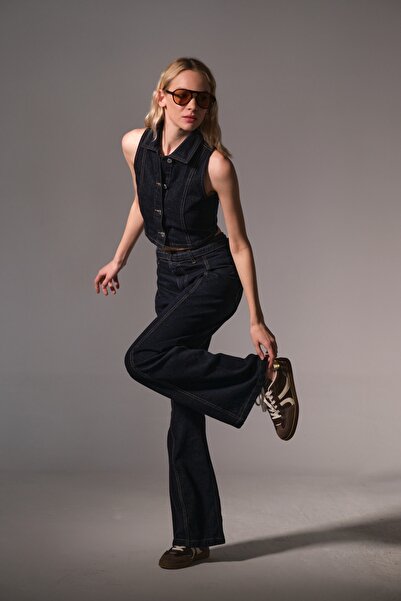 Maule Μπλε σπορ ραφές με λεπτομέρειες Jean D πόρπη ζώνη τζιν, φαρδύ γυναικείο παντελόνι Palazzo