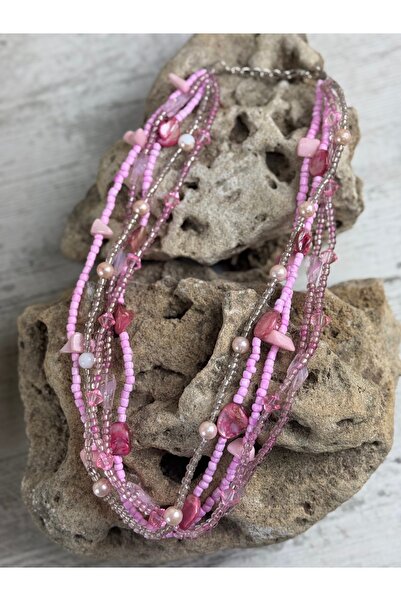 SEDEF TAKI Pembe kuvars ve akik taşlı kolye